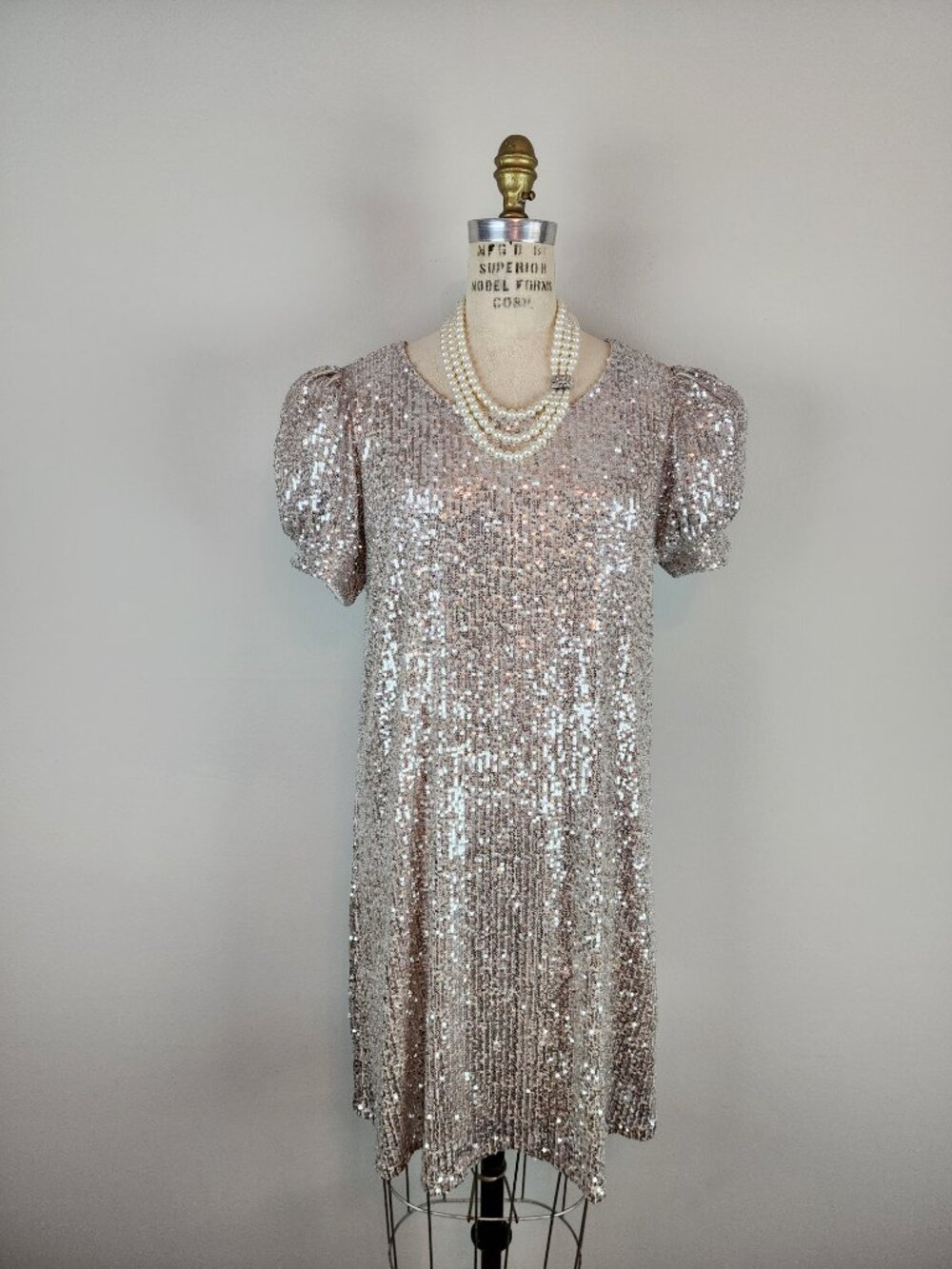 Sparkling Pink Champagne Sequin Dress w/ Puff Sleeves * Size Large * NEW w/Tags